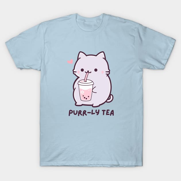 Purr-ly Tea - Funny Boba Cat Milk Tea - Purple - Strawberry Bubble Tea T-Shirt by TeeTopiaNovelty